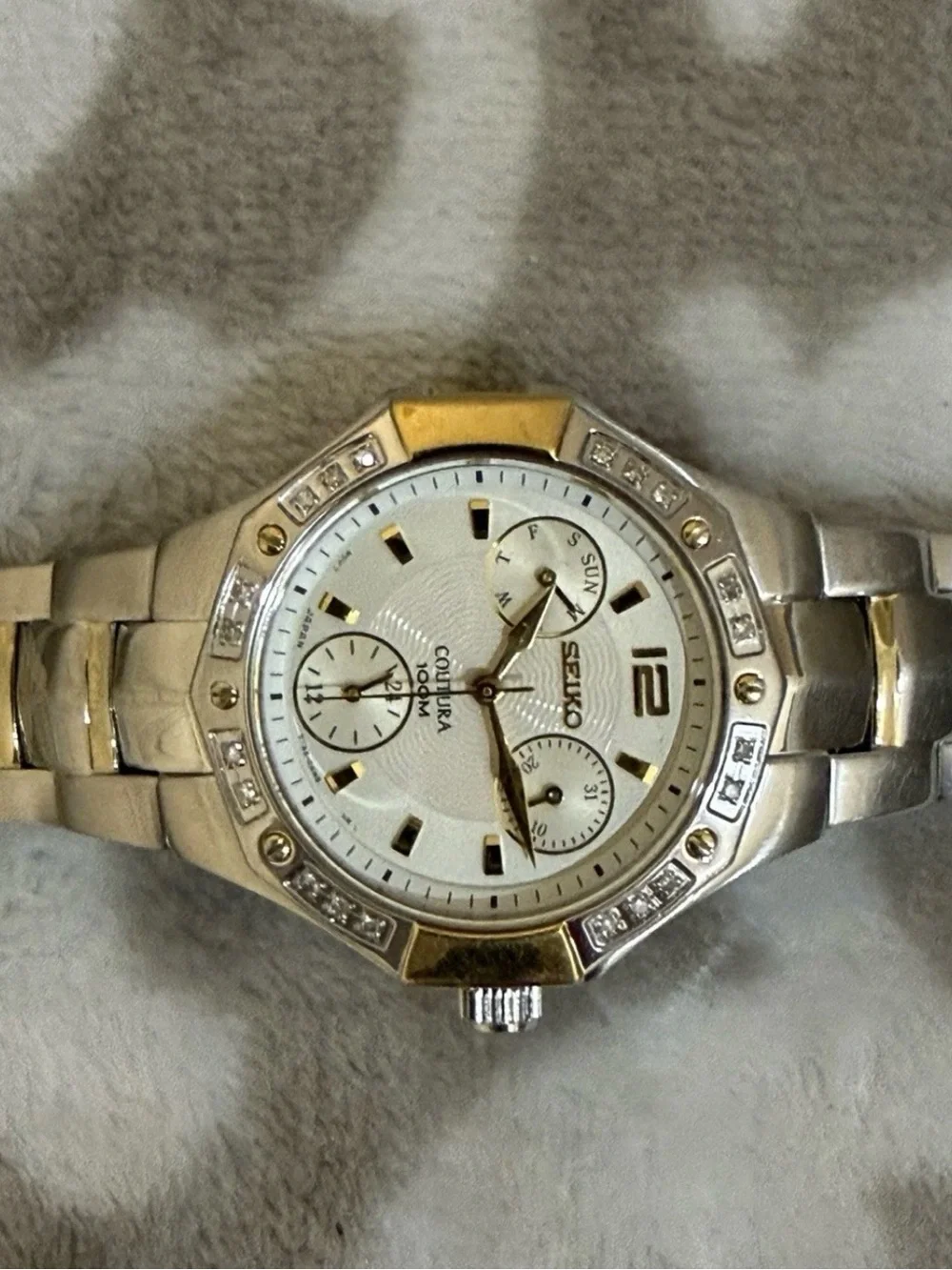 Seiko Coutura SUK008 Womens Diamond Watch Two Tone Multi Hand Calendar 100M